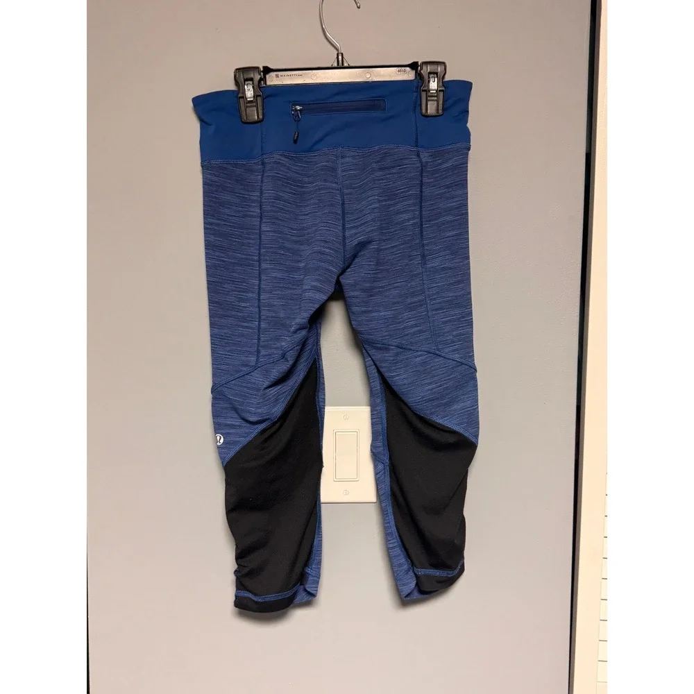 Lululemon Women Run For Your Life Blue Heather Crop Leggings Mesh Panels Size 6
